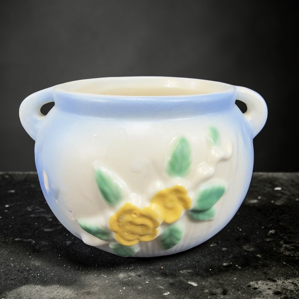 Vintage Pottery Flower Planter Blue‎ White Yellow Rose Relief Double Handle Pot